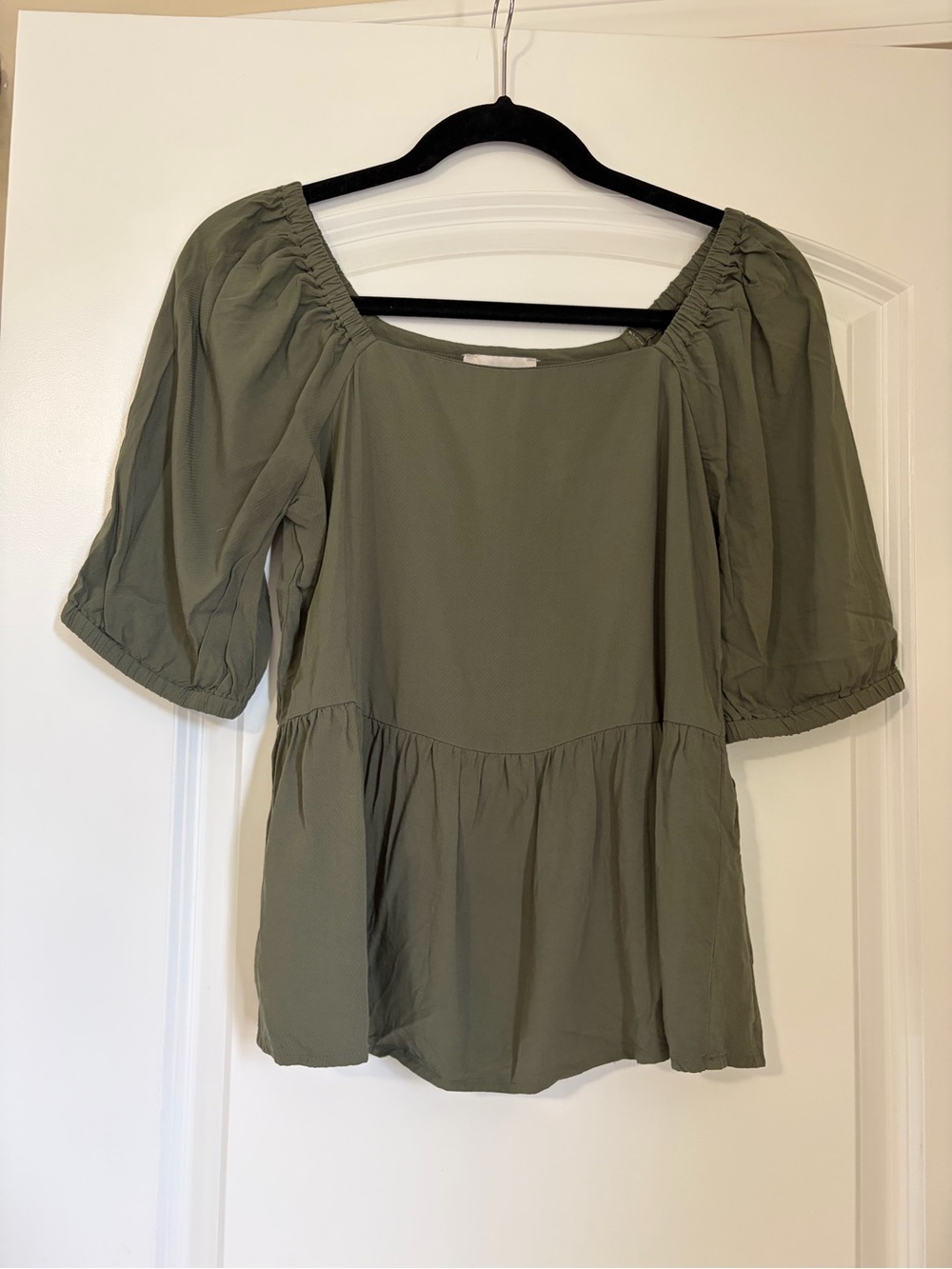 LOFT Olive Green Peplum Blouse with a Square Neck and Puffed Sleeves